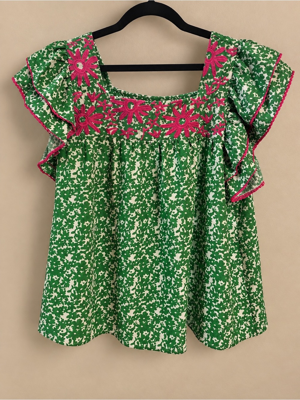 ODDY Green Floral Embroidered Flutter-Sleeve Tunic with Pink Trim
